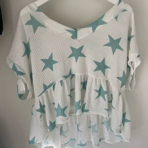 Altar'd State White and Green Boxy Blouse with Ruffled Hem